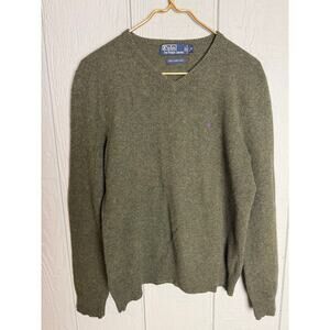 Polo Ralph Lauren 100% Lambs Wool Green V Neck Sweater, Men's Small